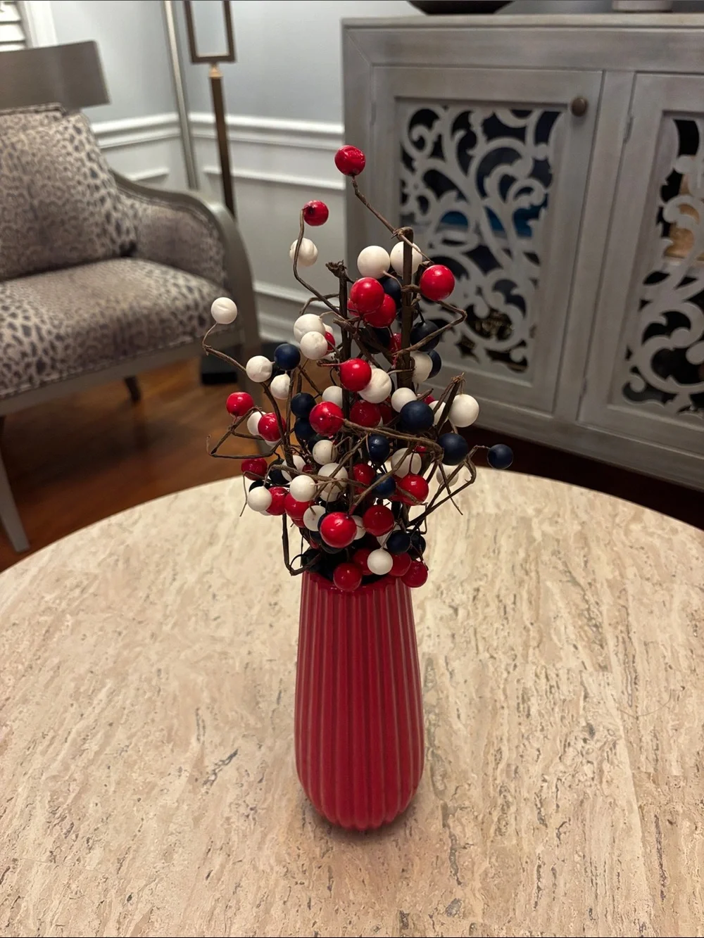 Red Ribbed Vase with Patriotic Red, White & Navy Berry Stems